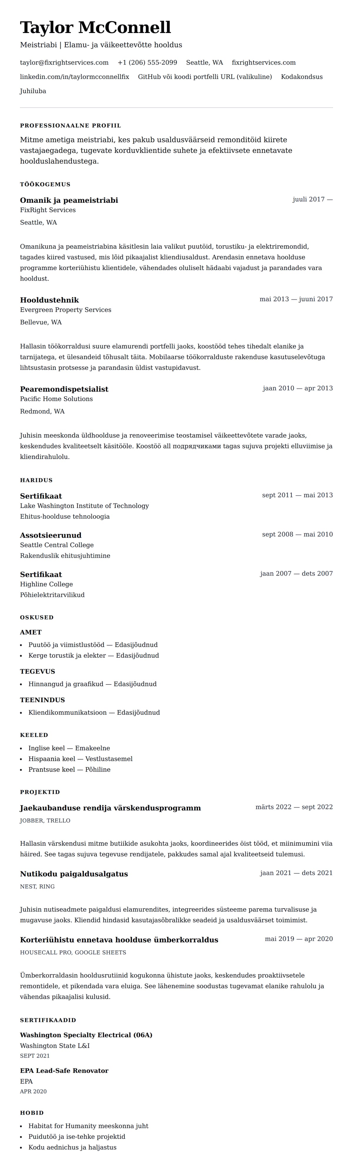 CV eelvaade Meistriabi CV näide jaoks