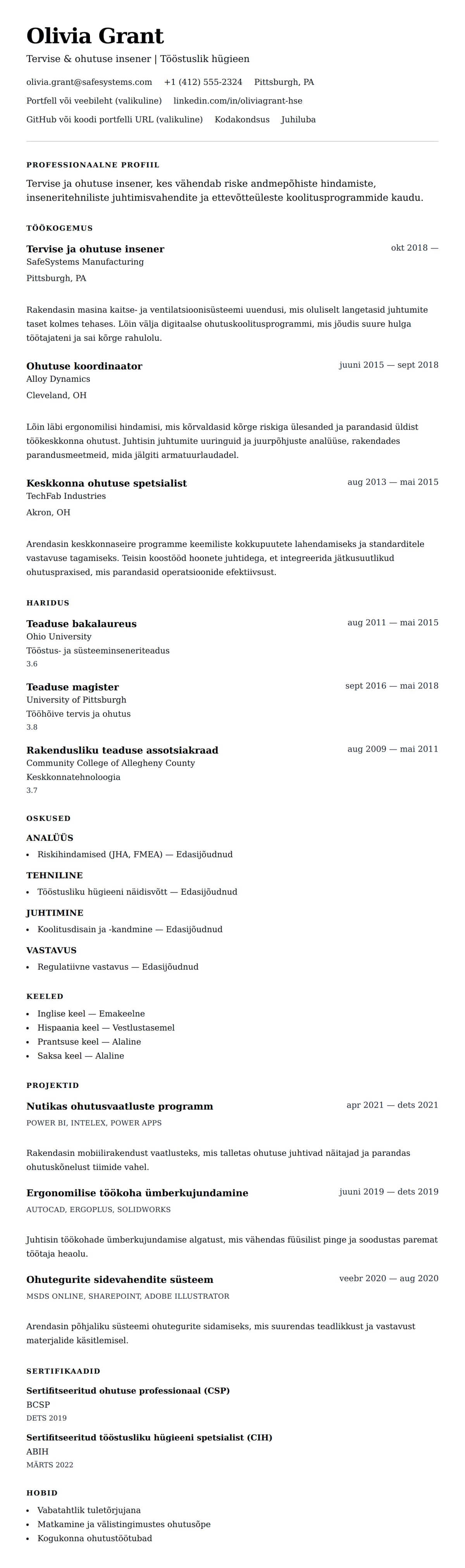 CV eelvaade Tervise ja ohutuse inseneri CV näidis jaoks