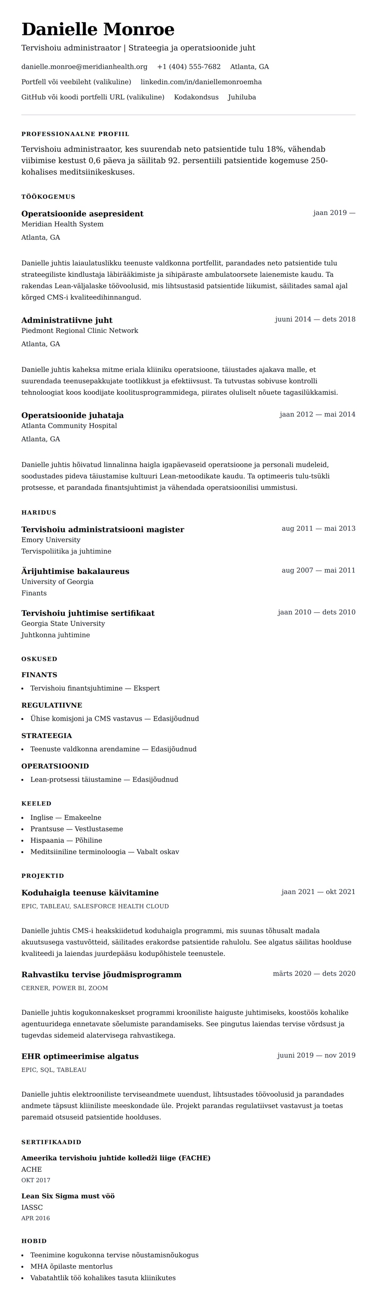 CV eelvaade Tervishoiu administratsiooni CV näide jaoks