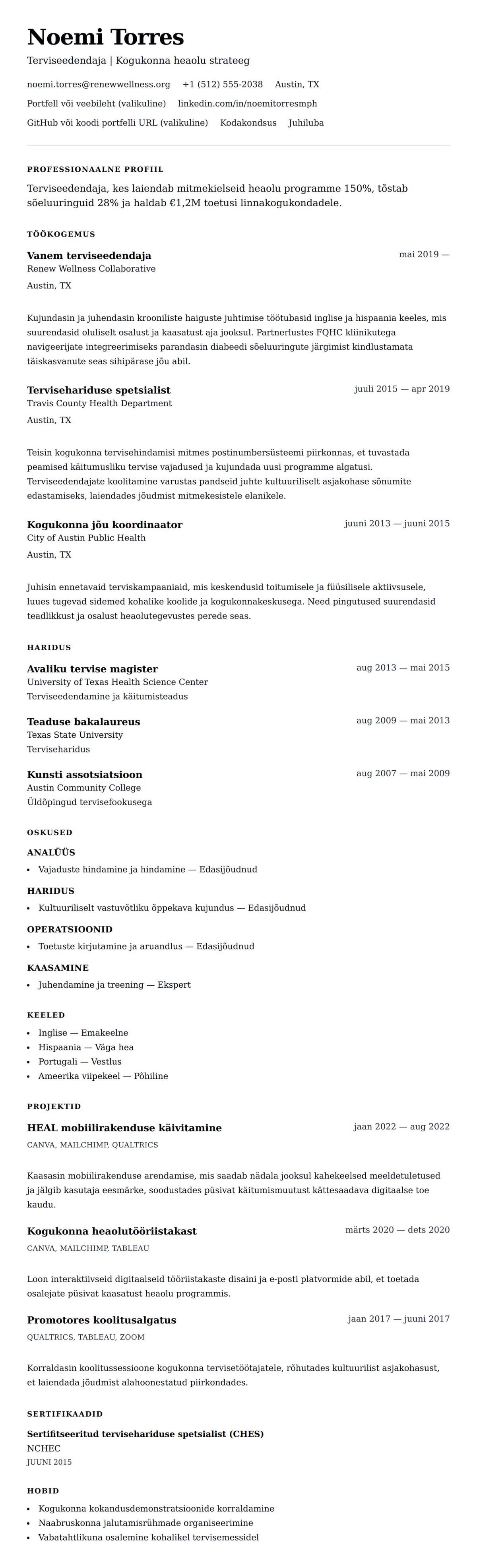 CV eelvaade Terviseedendaja CV näide jaoks
