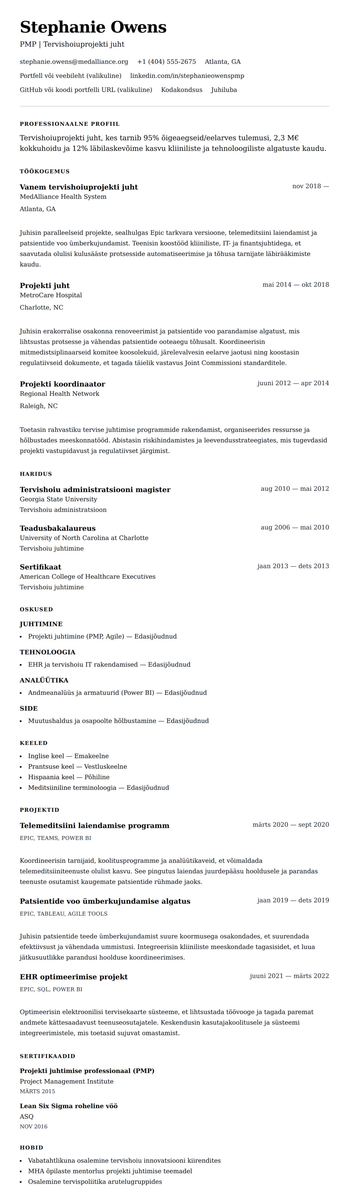 CV eelvaade Tervishoiuprojekti juhi CV näidis jaoks