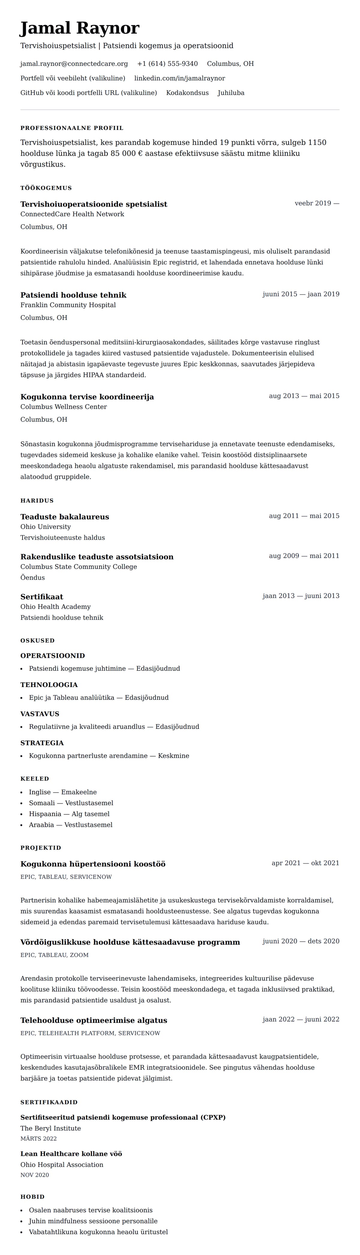 CV eelvaade Tervishoiuspetsialisti CV näide jaoks