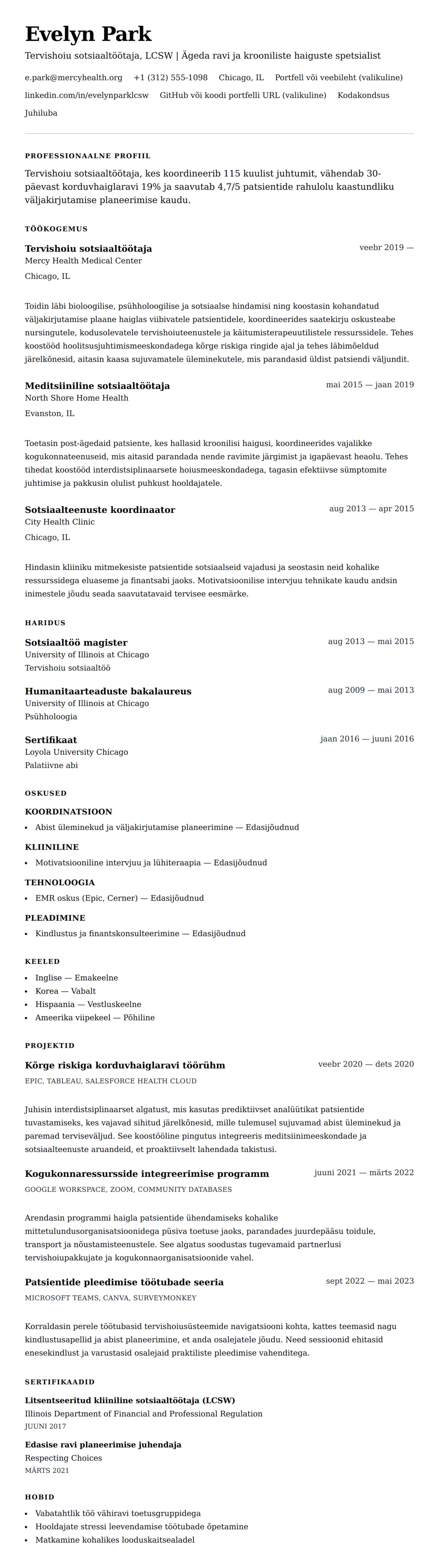 CV eelvaade Tervishoiu sotsiaaltöötaja CV näidis jaoks