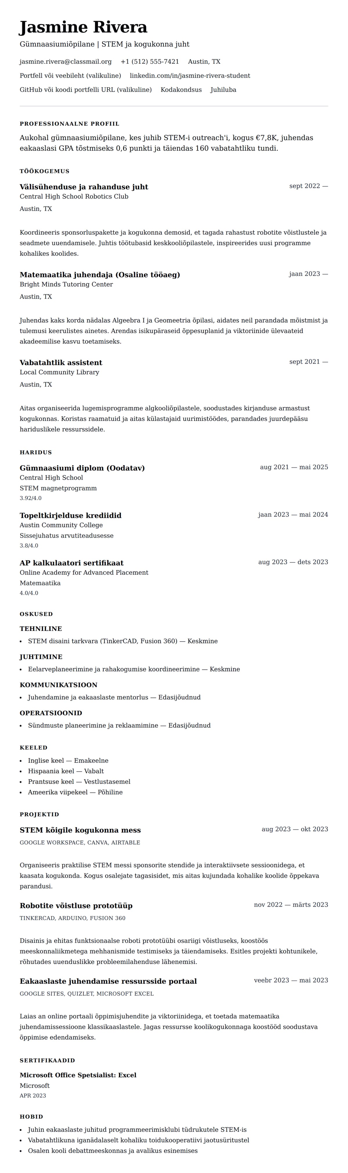 CV eelvaade Gümnaasiumiõpilase CV näide jaoks