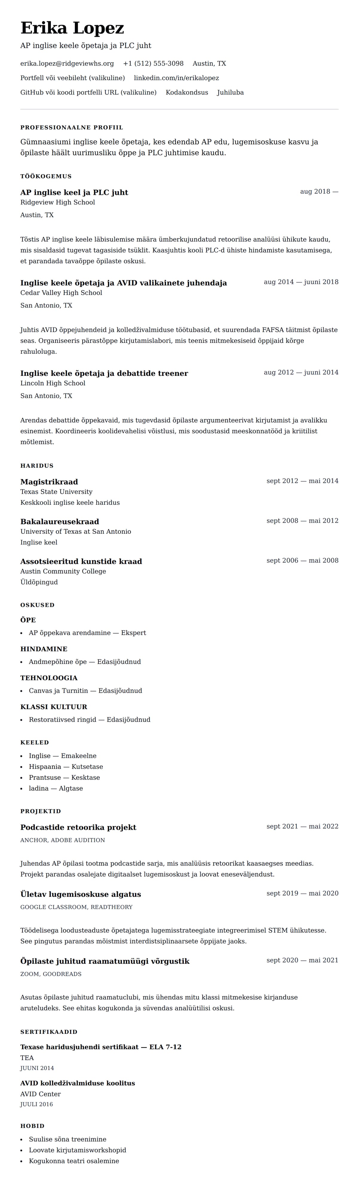 CV eelvaade Gümnaasiumi õpetaja CV näidis jaoks