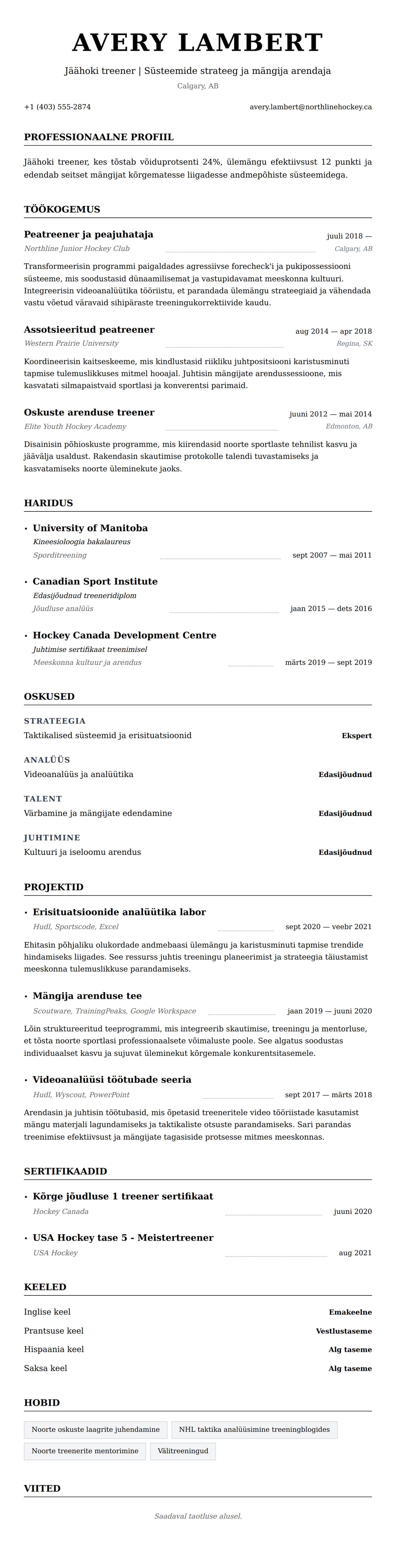 CV eelvaade Jäähoki treeneri CV näide jaoks
