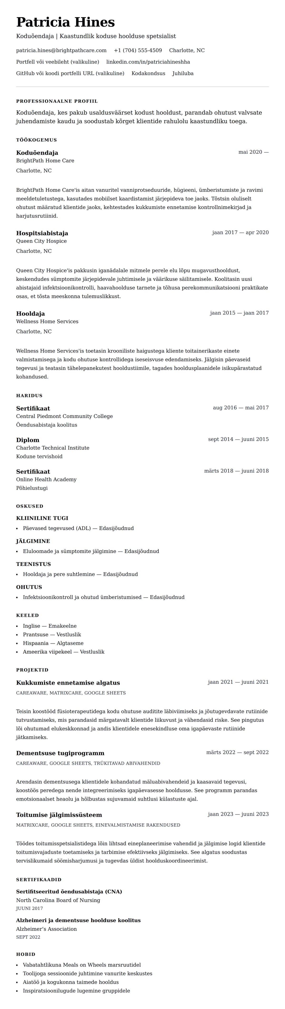 CV eelvaade Koduõendaja CV näidis jaoks