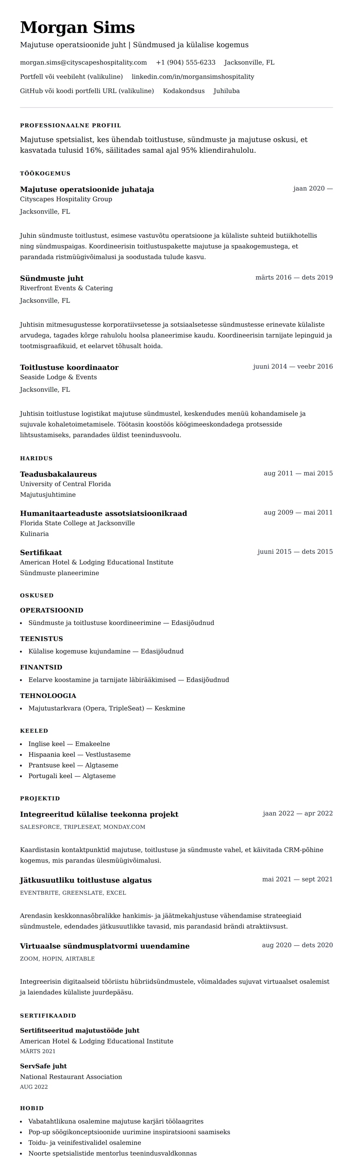 CV eelvaade Majutuse ja toitlustuse spetsialisti CV näide jaoks