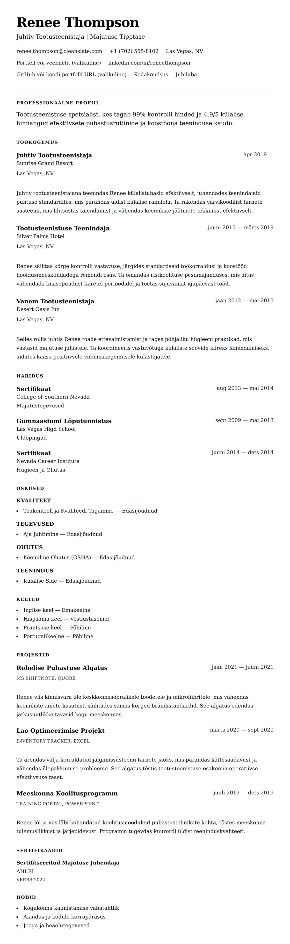 CV eelvaade Tootusteenistuse CV Näide jaoks