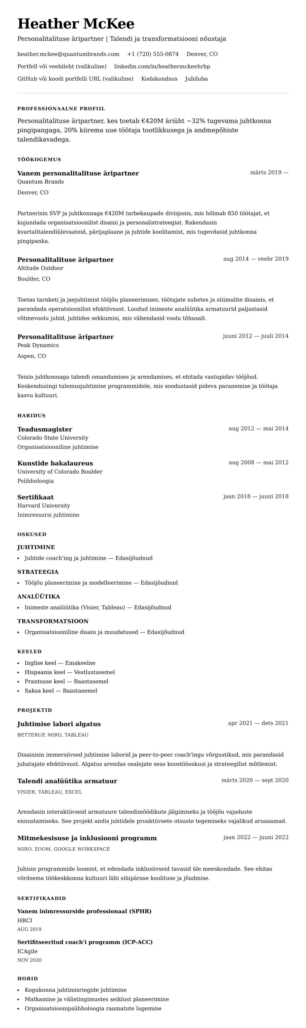 CV eelvaade Personalitalituse äripartneri CV näide jaoks