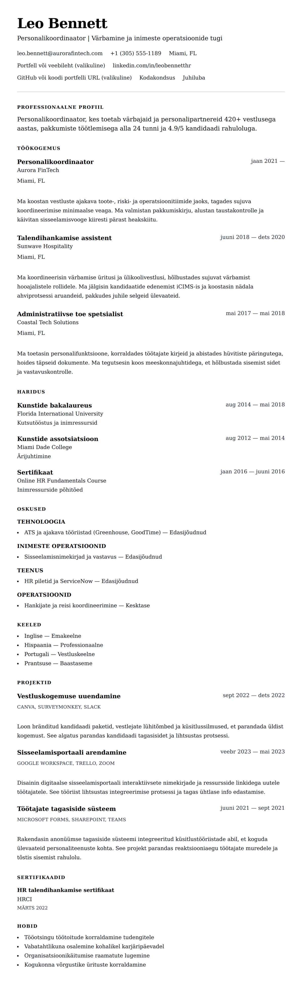 CV eelvaade Personalikoordinaatori CV näidis jaoks