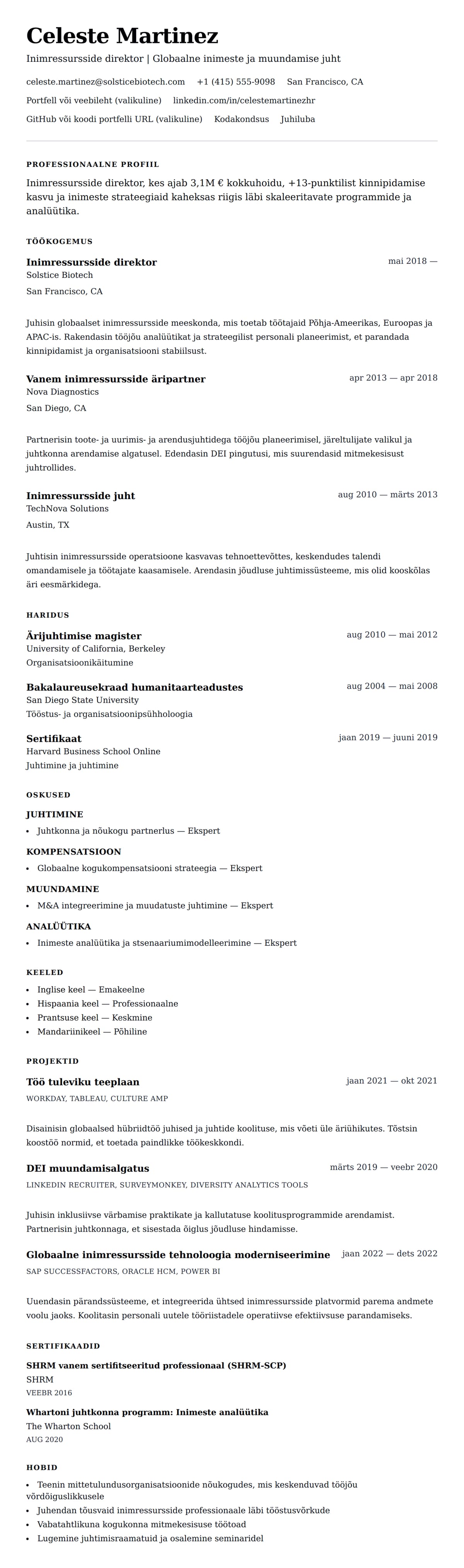 CV eelvaade Inimressursside direktori CV näide jaoks