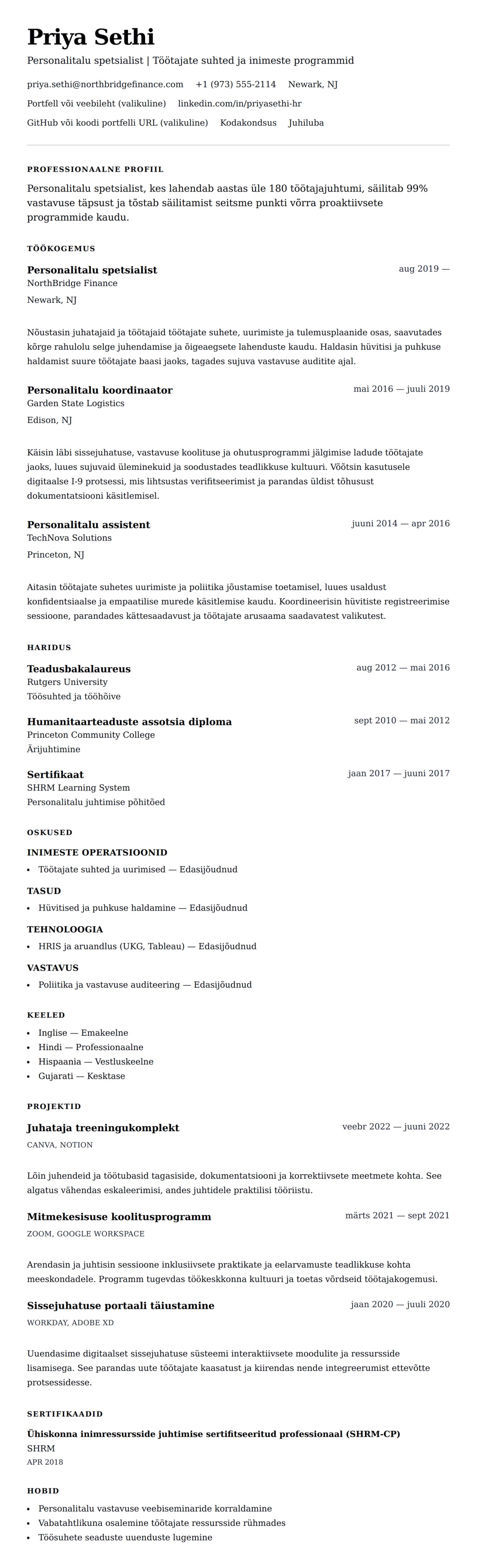 CV eelvaade Personalitalu spetsialisti CV näide jaoks