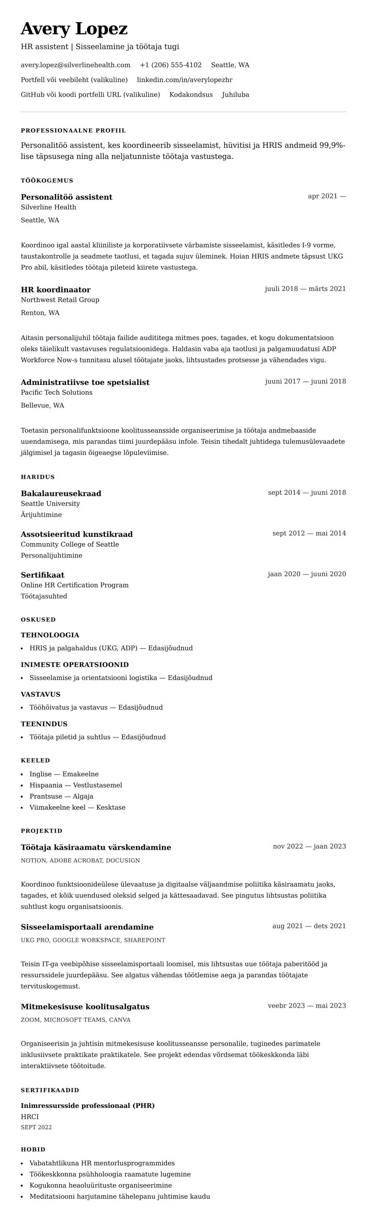 CV eelvaade Personalitöö assistendi CV näidis jaoks