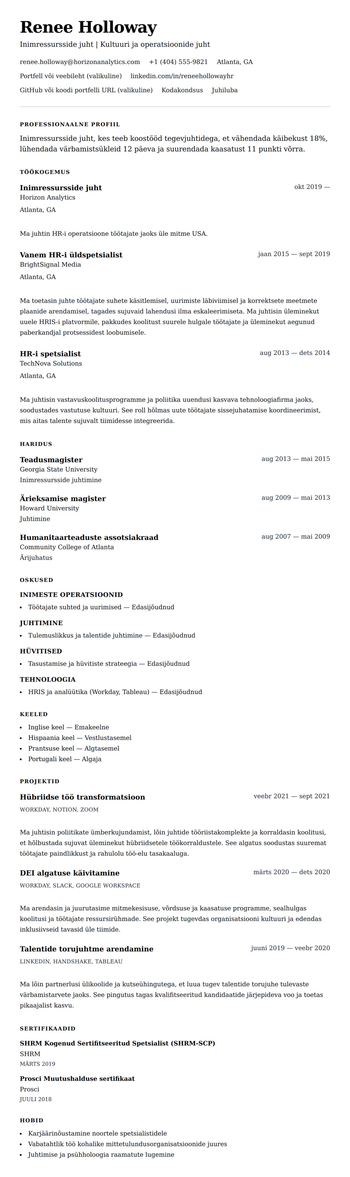 CV eelvaade Inimressursside juhi CV näidis jaoks