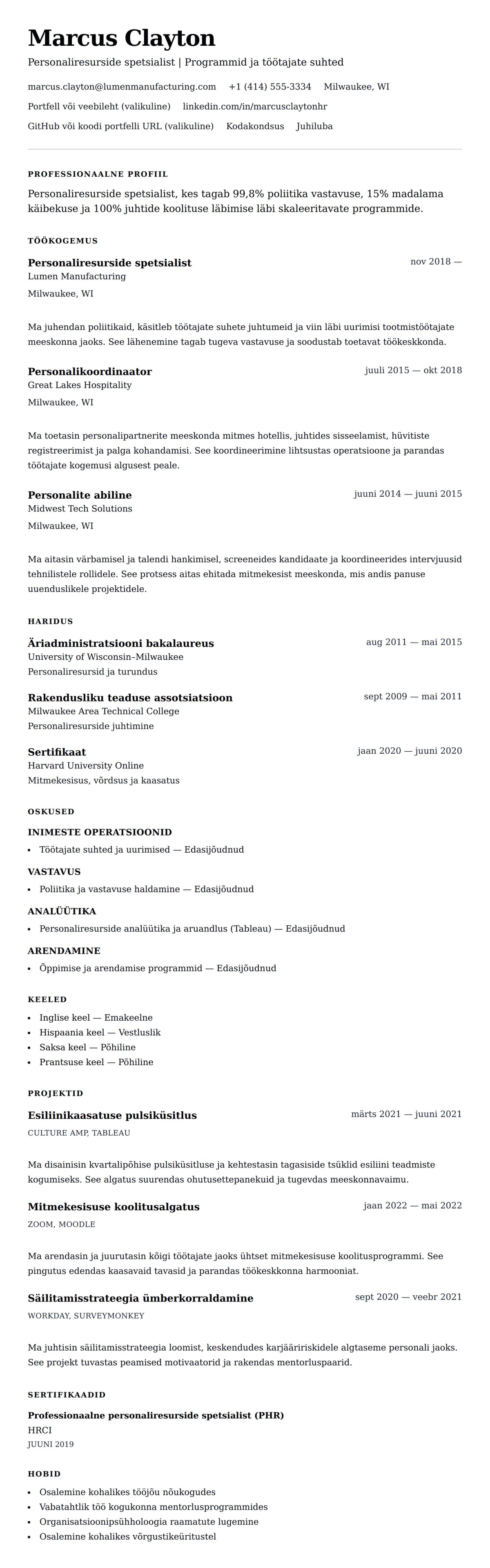 CV eelvaade Personaliresurside spetsialisti CV näide jaoks