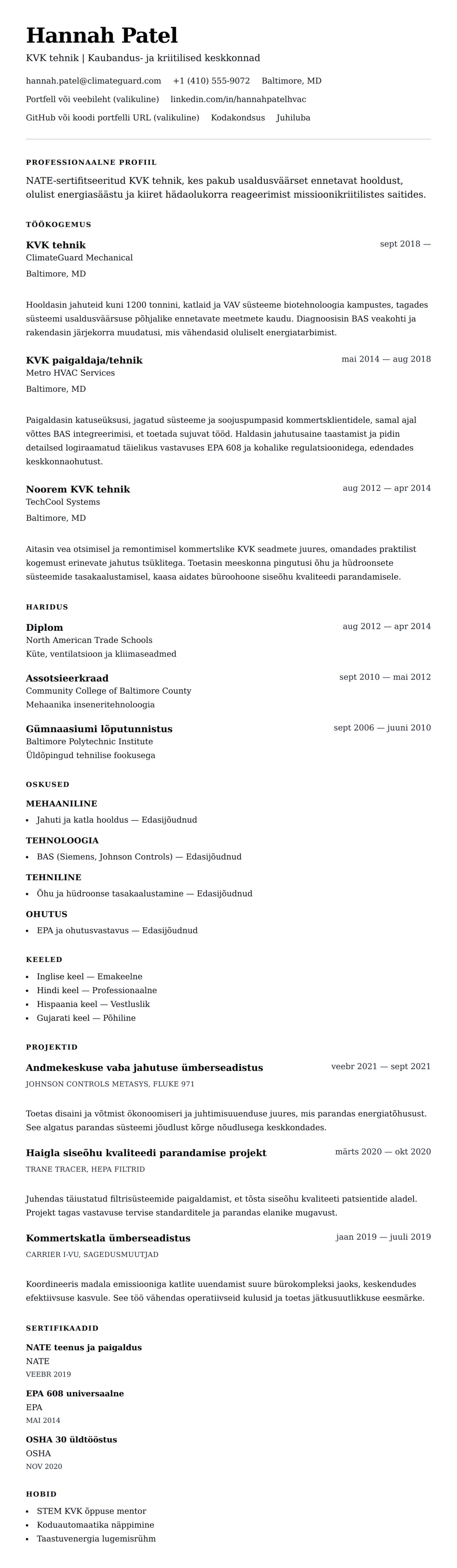 CV eelvaade KVK tehniku CV näide jaoks