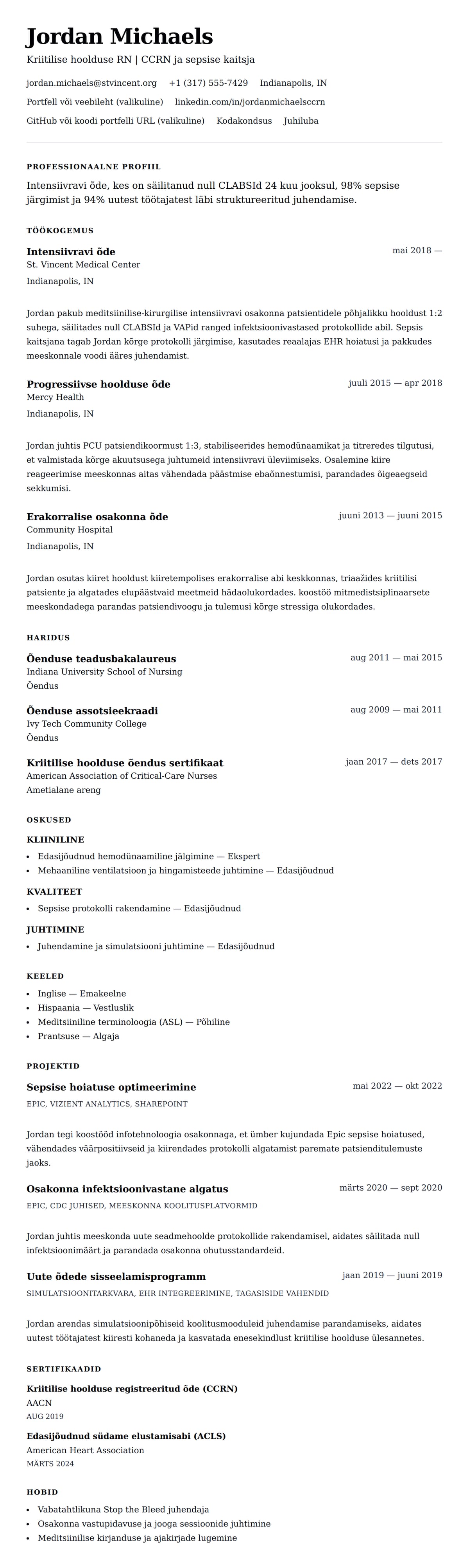 CV eelvaade Intensiivravi õe CV näidis jaoks