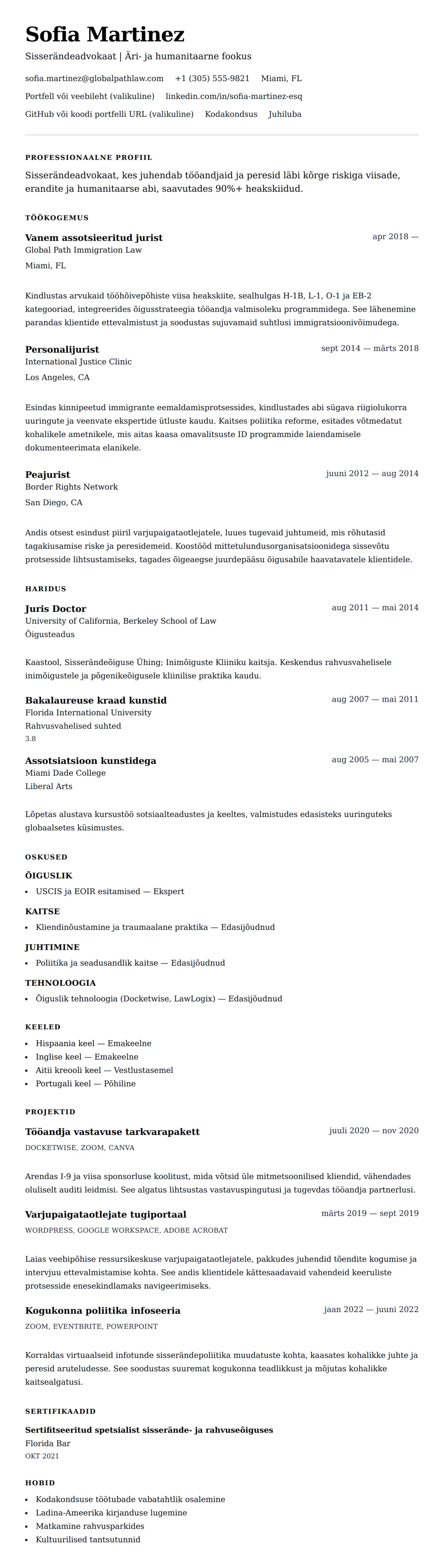 CV eelvaade Sisserändeadvokaadi CV näide jaoks