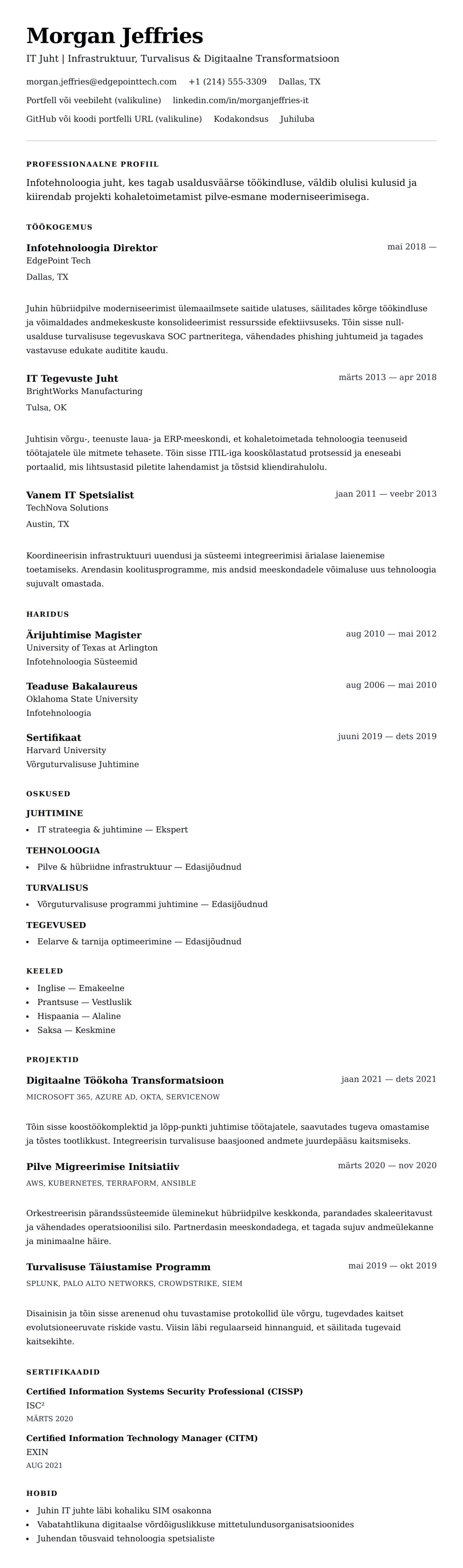 CV eelvaade Infotehnoloogia Spetsialisti CV Näidis jaoks