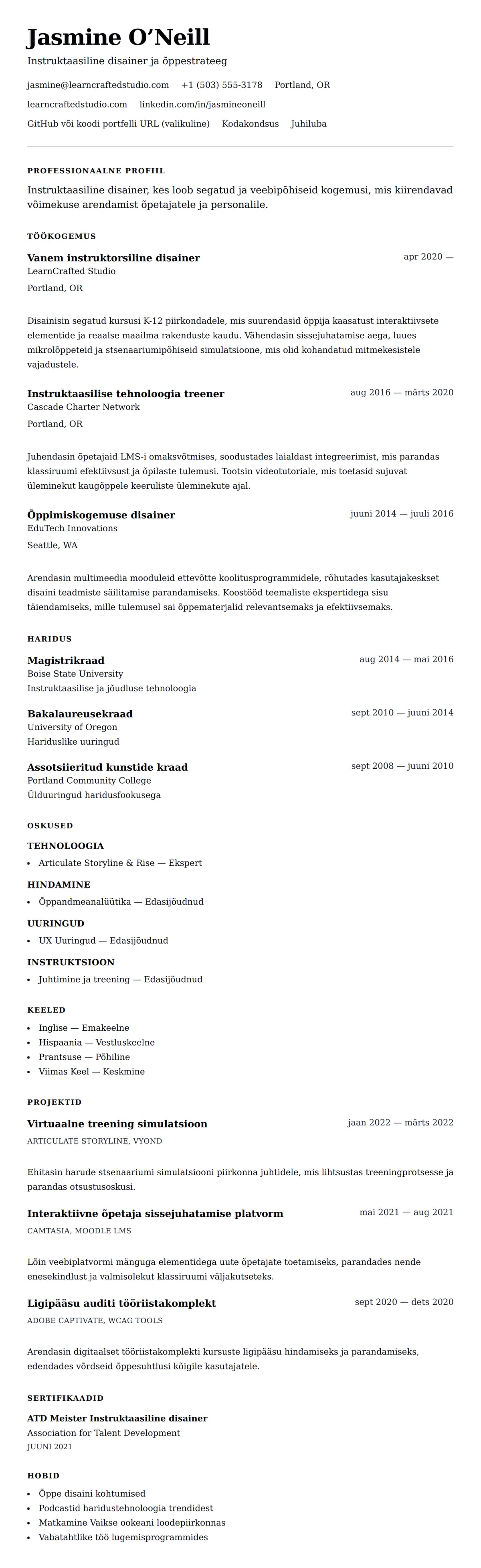 CV eelvaade Instruktaasilise disaineri CV näidis jaoks