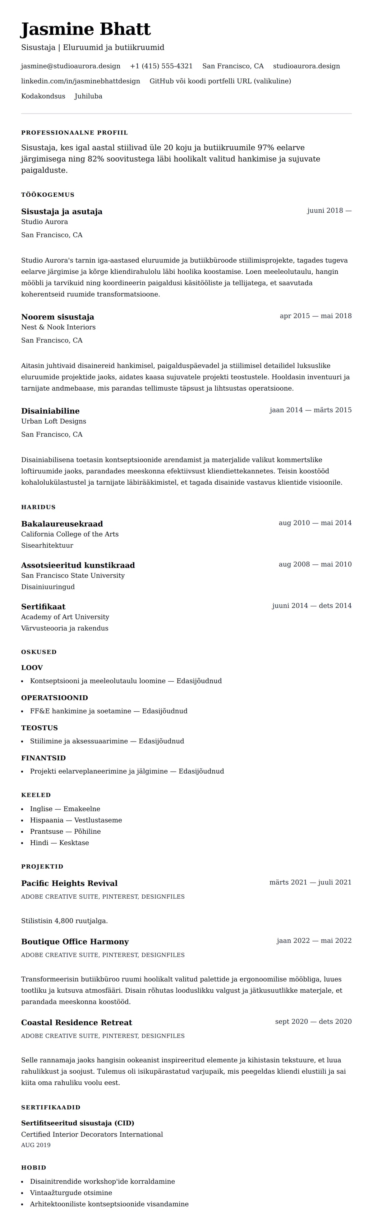 CV eelvaade Sisustaja CV näide jaoks