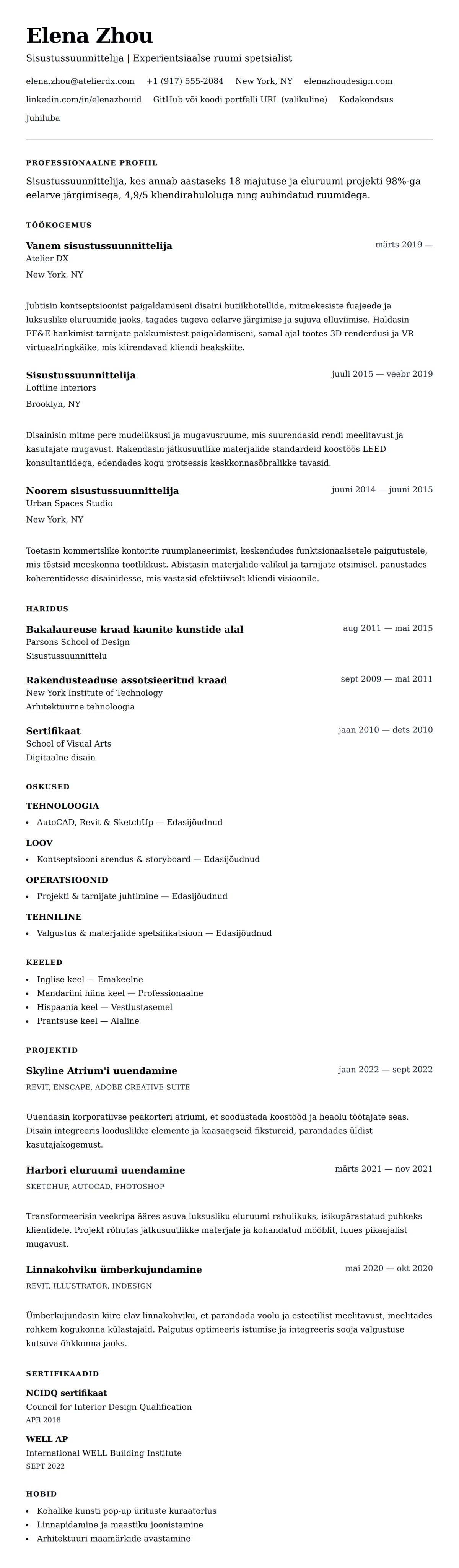 CV eelvaade Sisustussuunnittelija CV näide jaoks