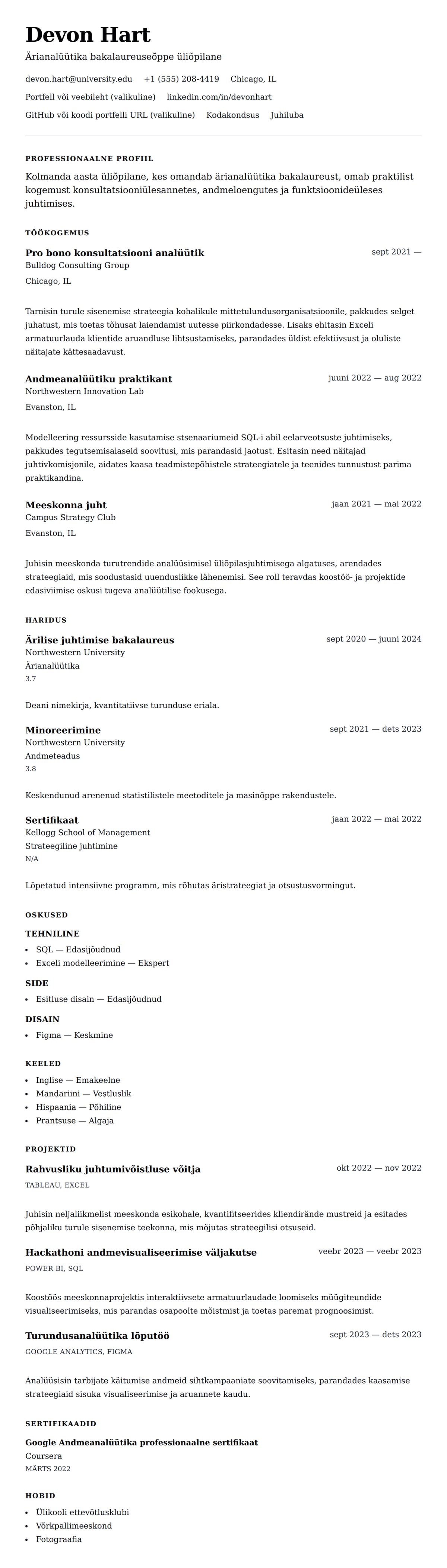 CV eelvaade Praktika CV näide jaoks