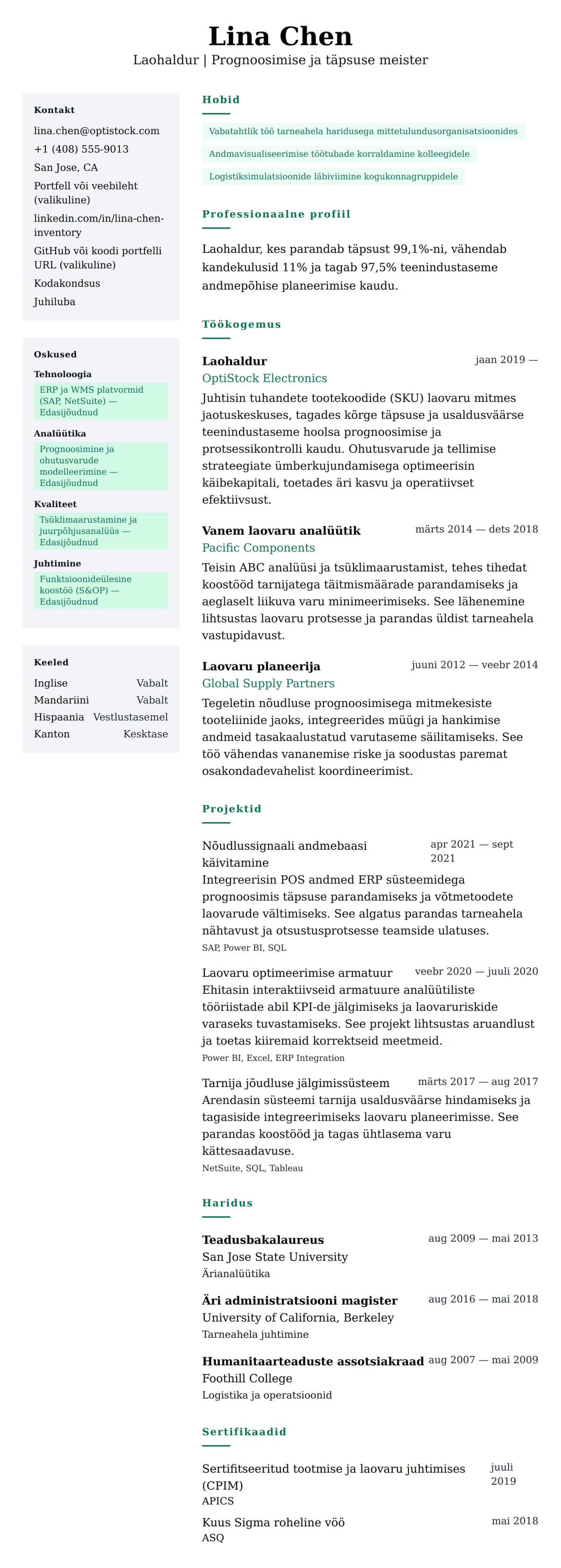 CV eelvaade Laohalduri CV näidis jaoks