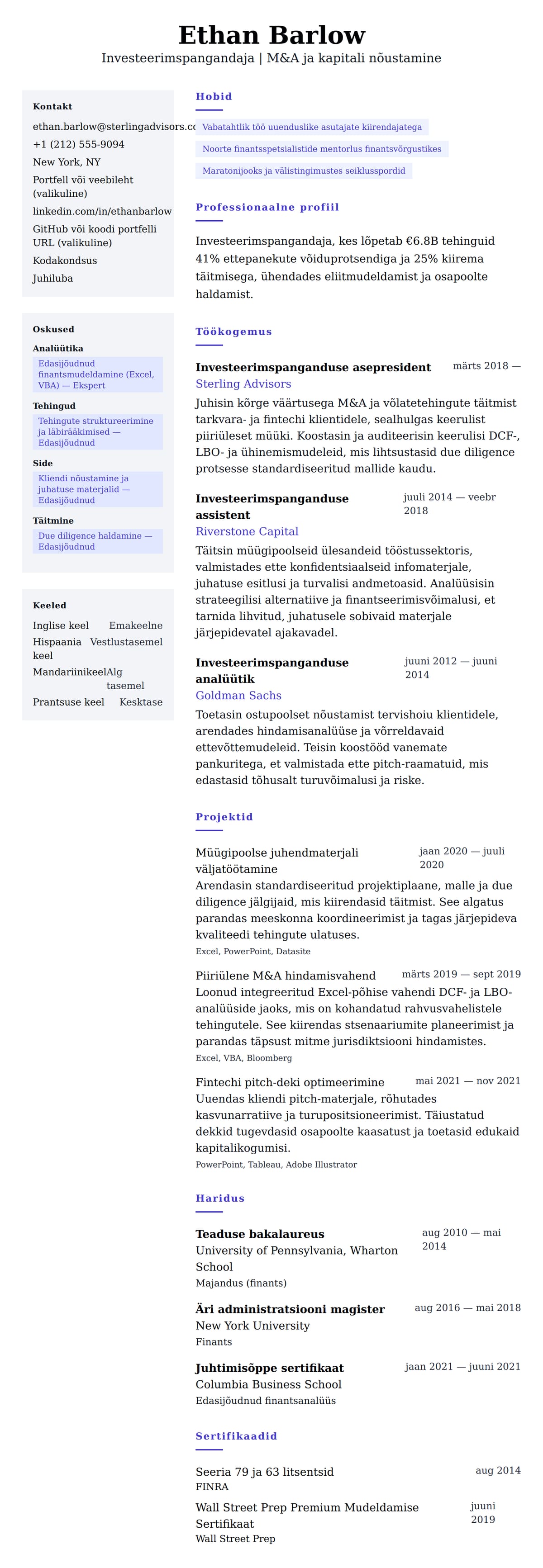 CV eelvaade Investeerimspangandaja CV näide jaoks