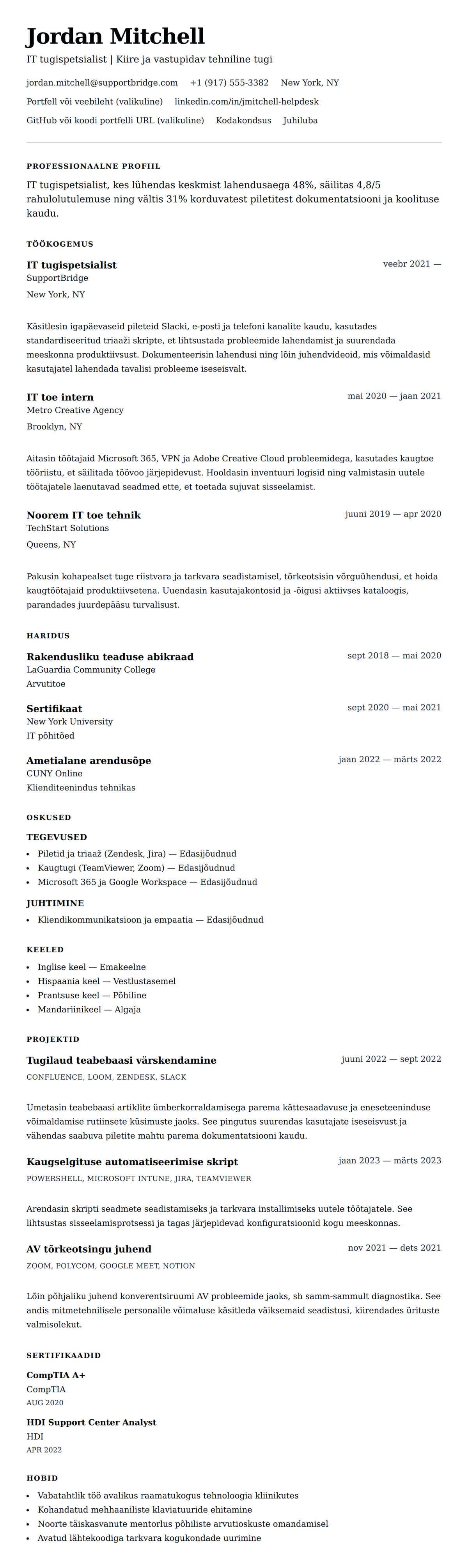 CV eelvaade IT tugilaud Resümee näide jaoks