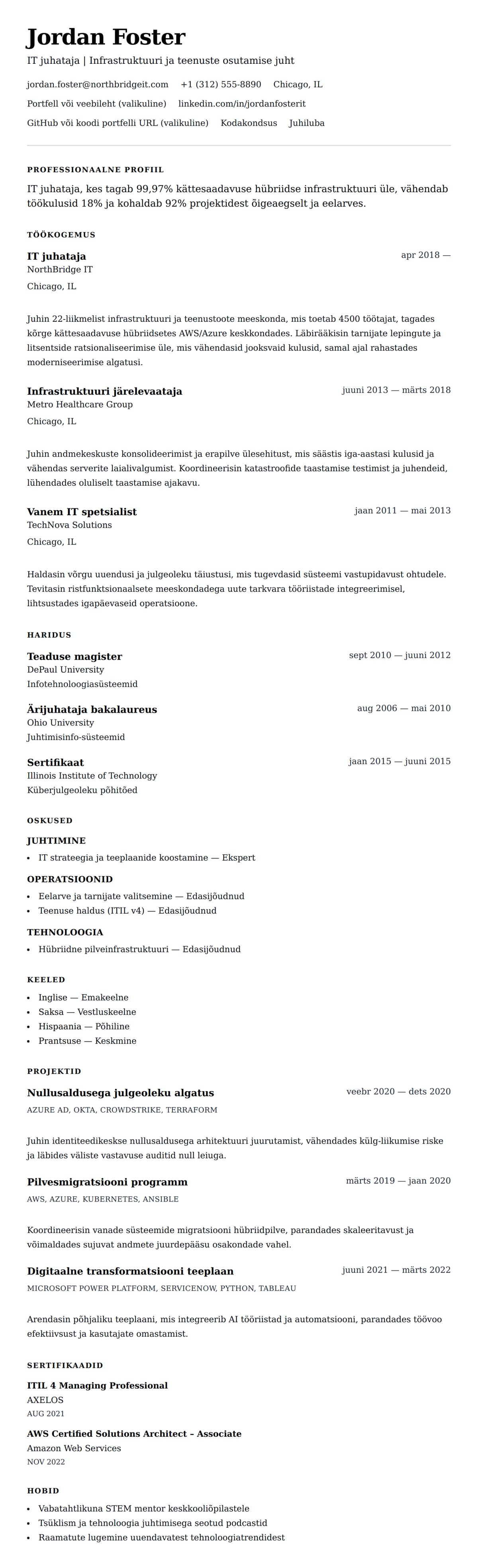 CV eelvaade IT juhataja CV näide jaoks