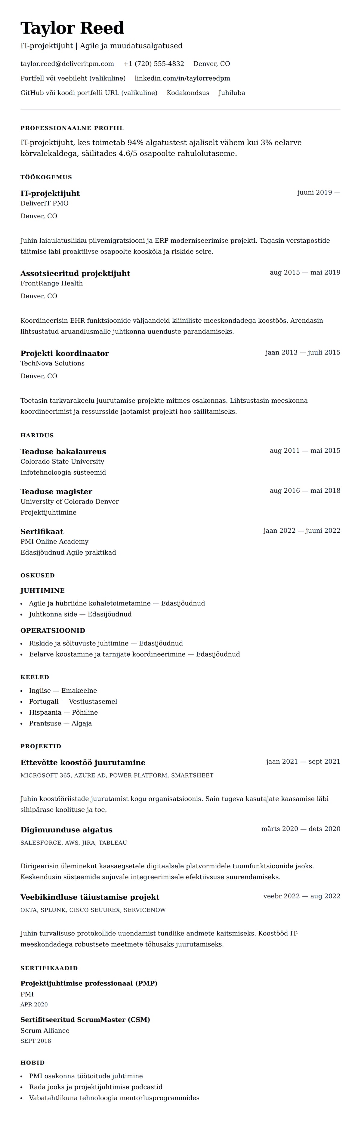 CV eelvaade IT-projektijuhi CV näide jaoks