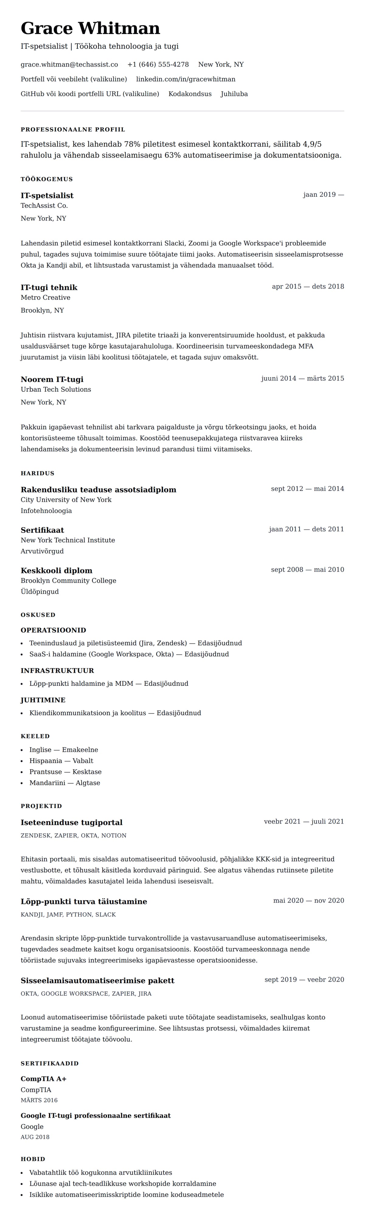 CV eelvaade IT-spetsialisti CV näide jaoks