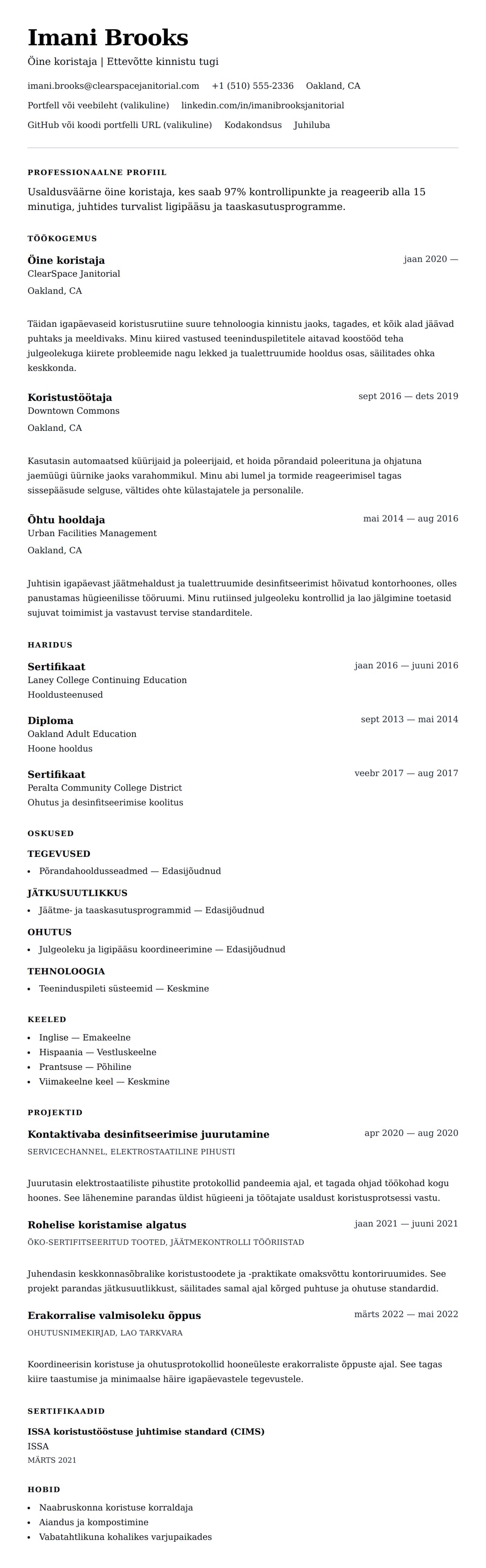 CV eelvaade Koristaja CV näidis jaoks