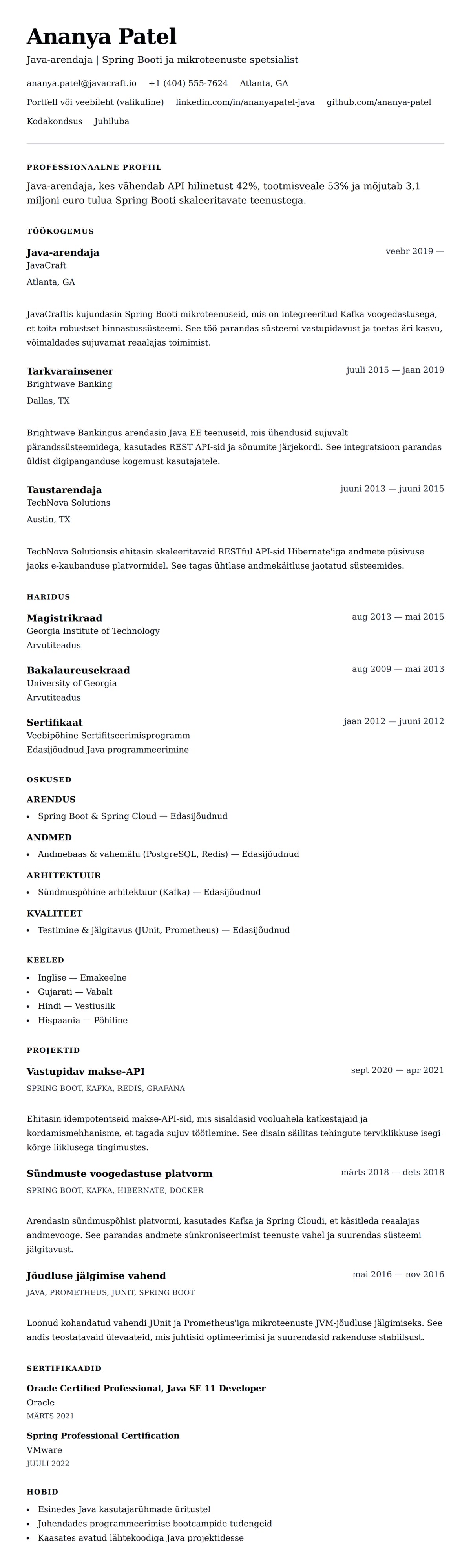 CV eelvaade Java-arendaja CV näide jaoks