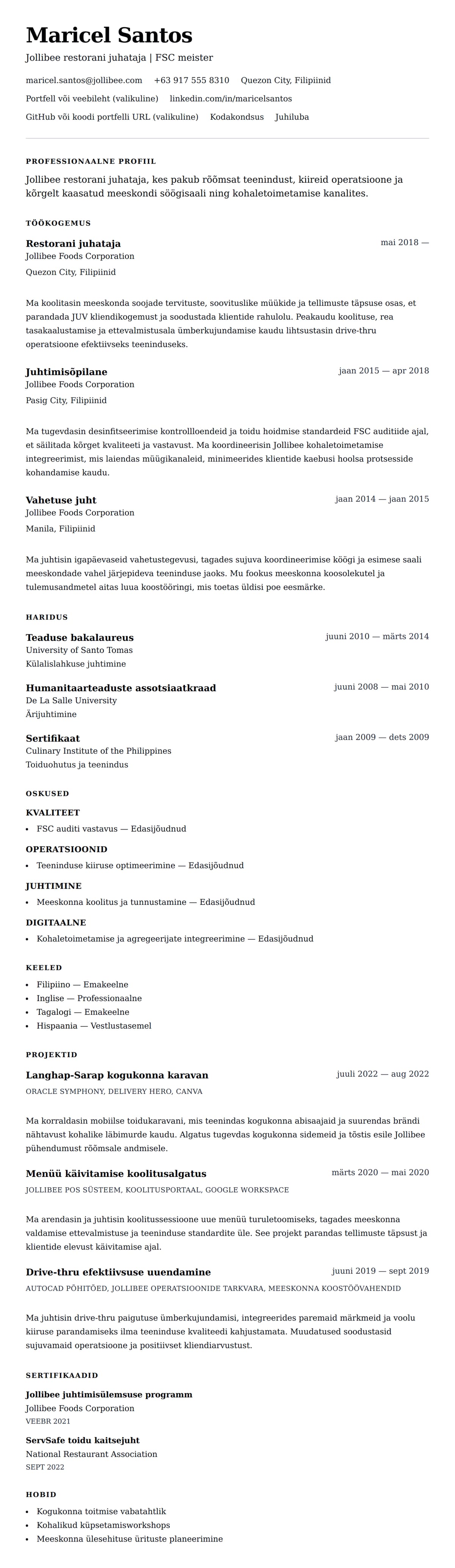 CV eelvaade Jollibee restorani juhataja CV näide jaoks