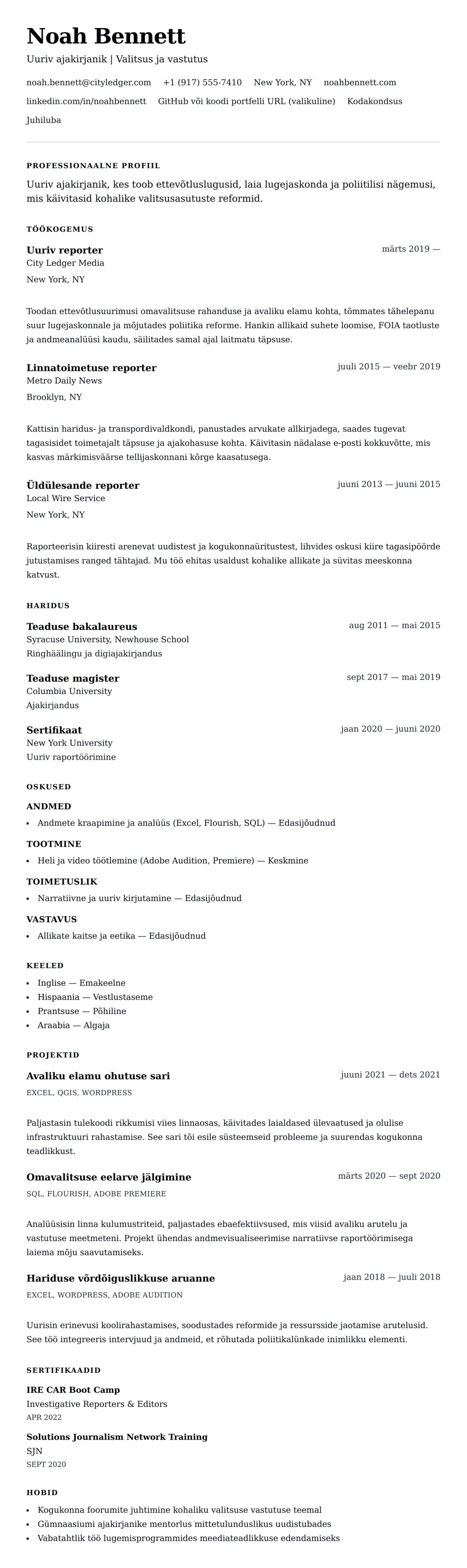 CV eelvaade Ajakirjaniku CV näide jaoks