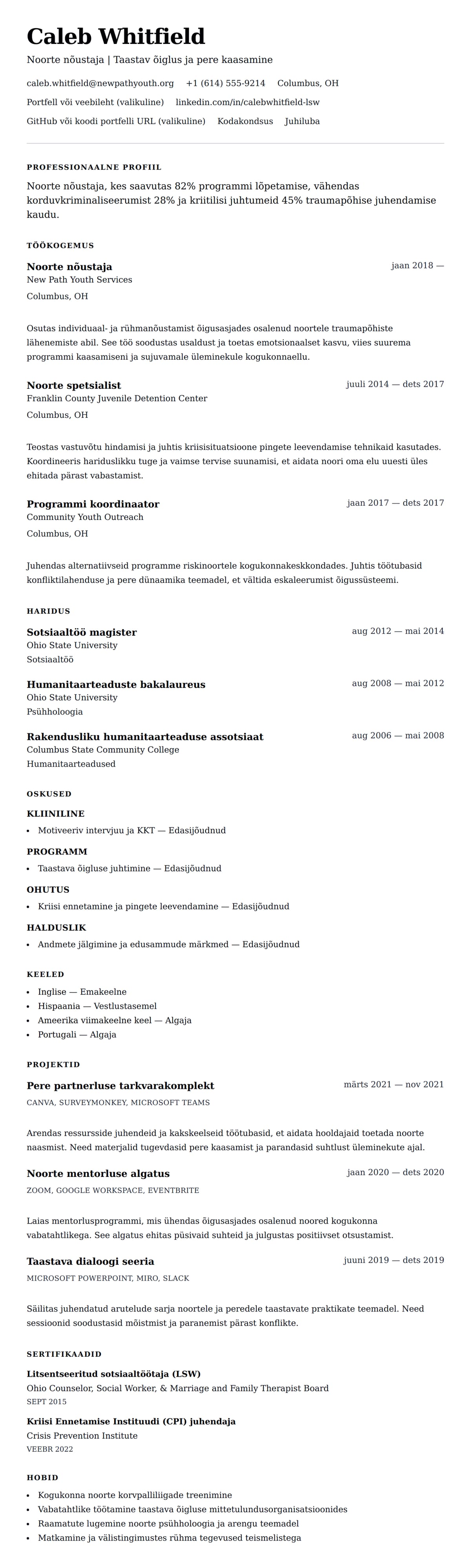 CV eelvaade Noorte nõustaja CV näide jaoks