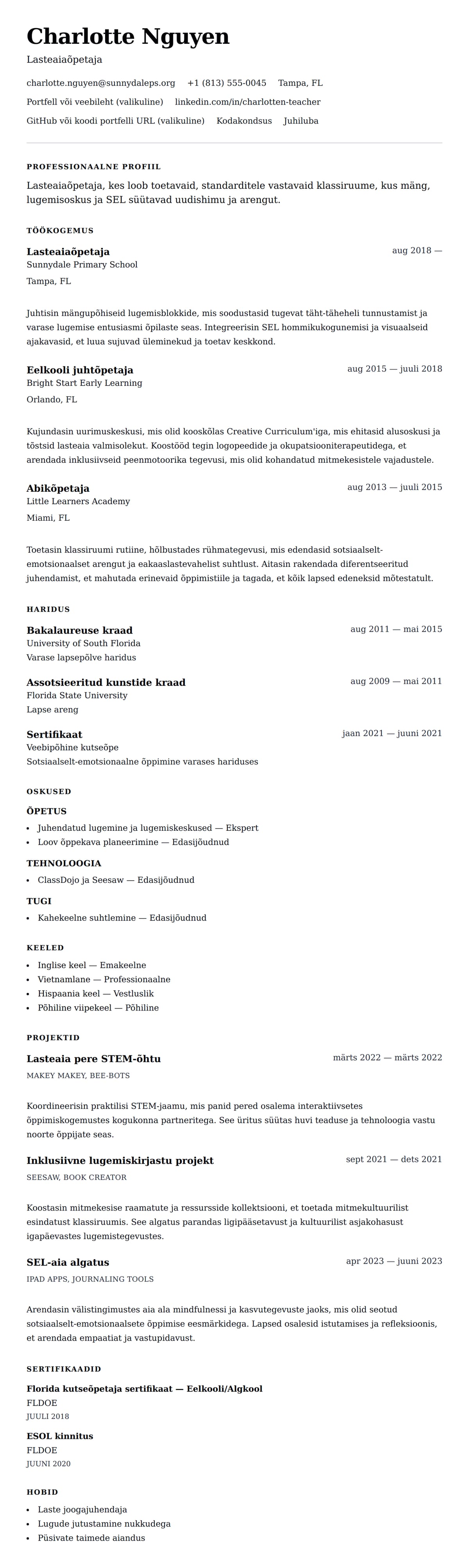 CV eelvaade Lasteaiaõpetaja CV näide jaoks