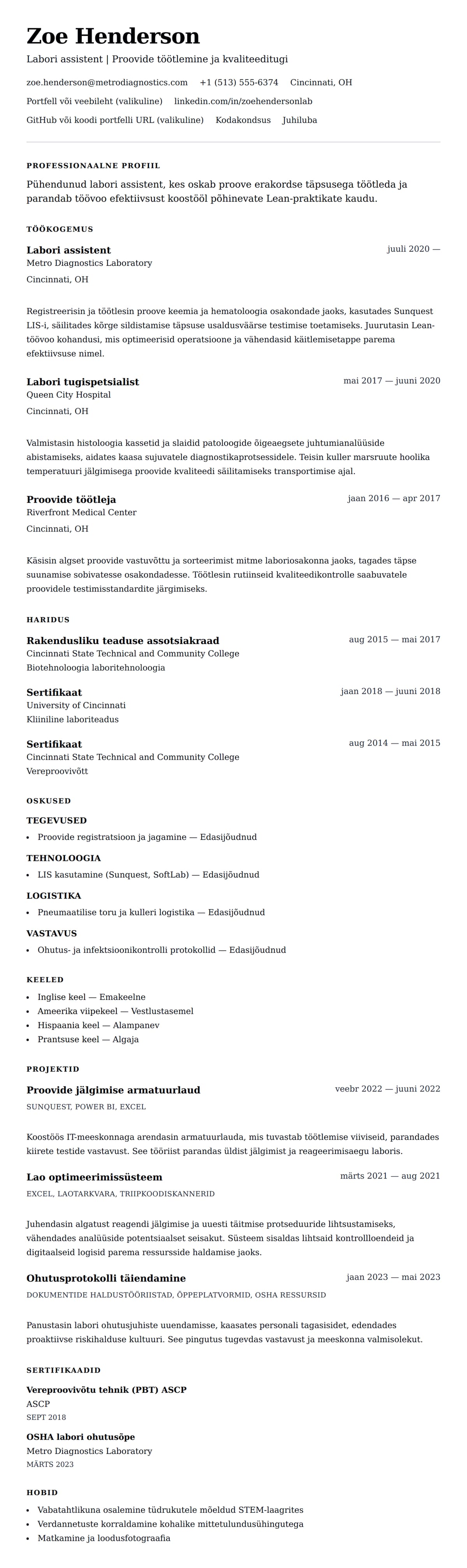 CV eelvaade Labori assistendi CV näide jaoks
