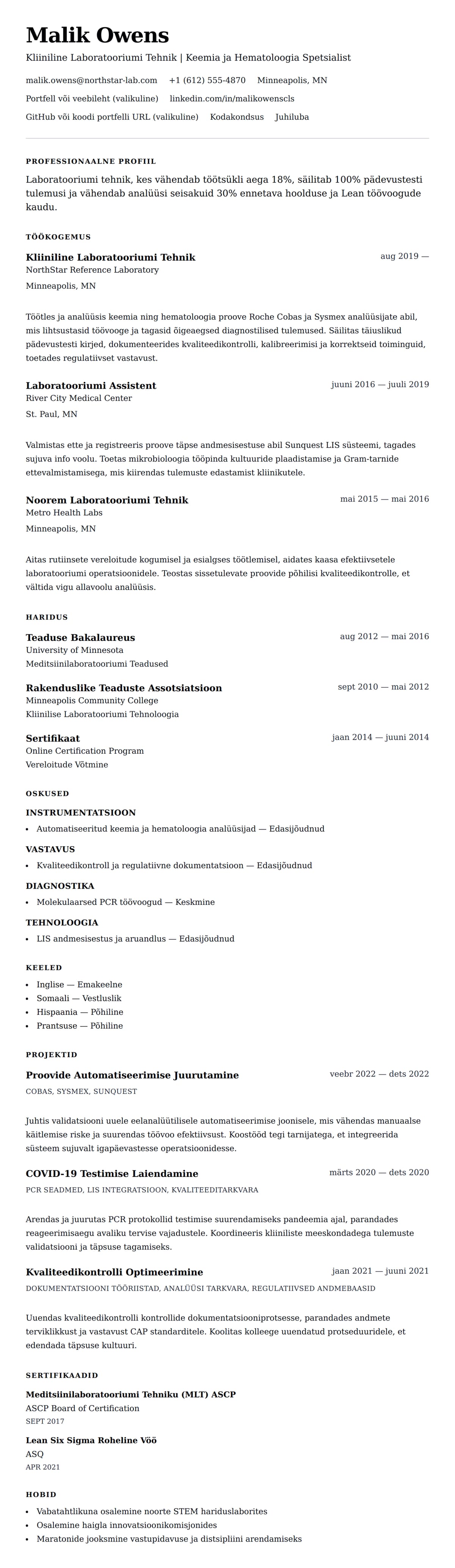 CV eelvaade Laboratooriumi Tehniku CV Näidis jaoks