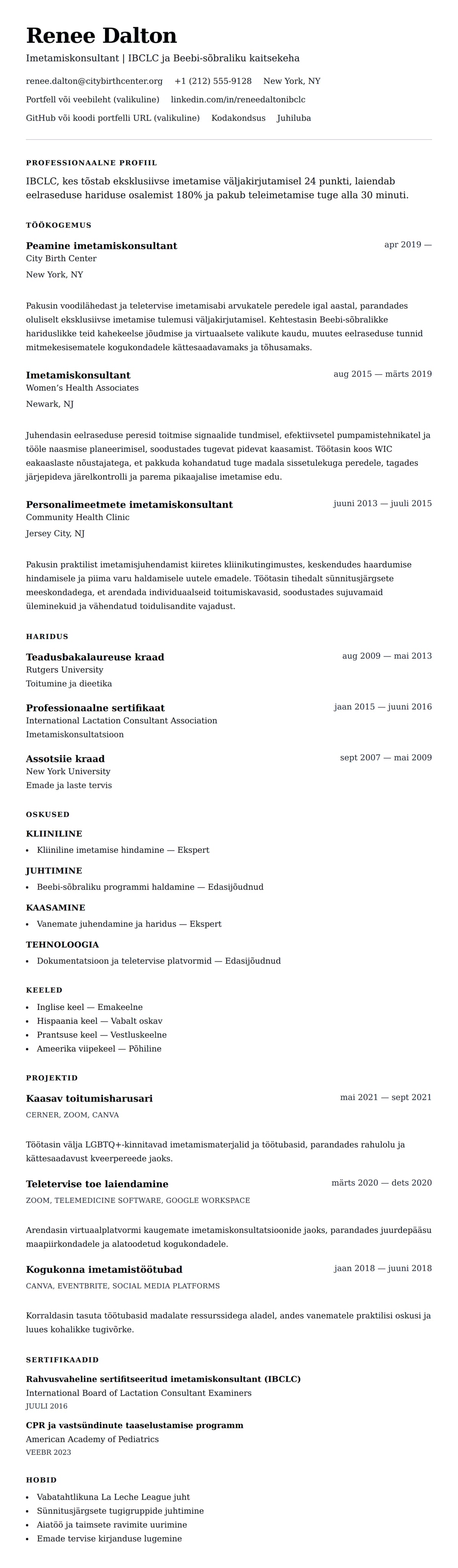 CV eelvaade Imetamiskonsultandi CV näide jaoks