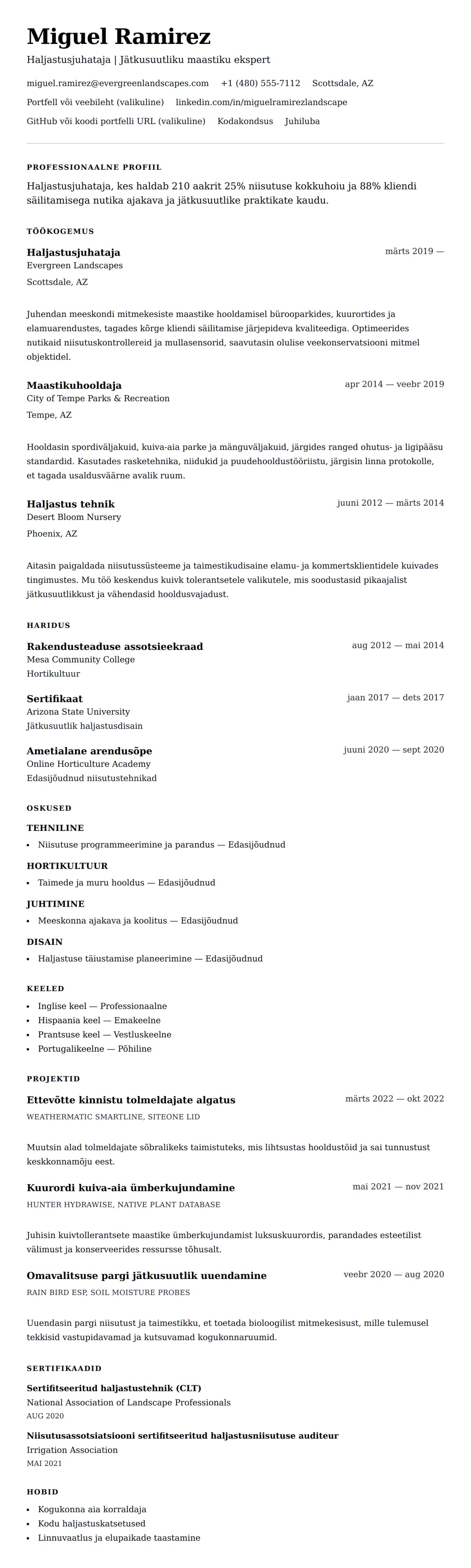 CV eelvaade Haljastus CV näide jaoks