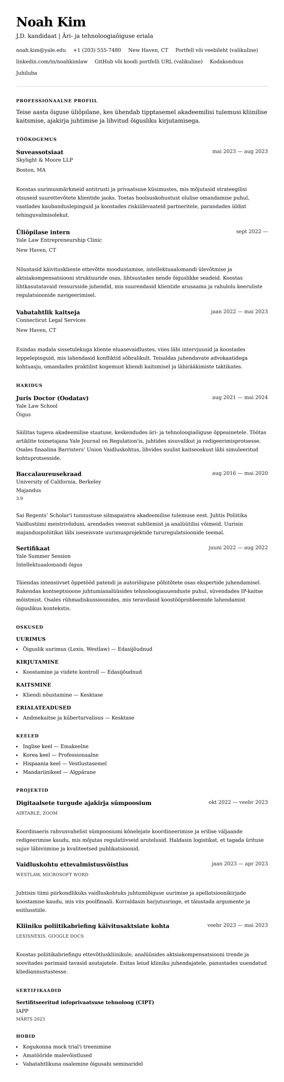 CV eelvaade Õigusteaduskonna üliõpilase CV näide jaoks