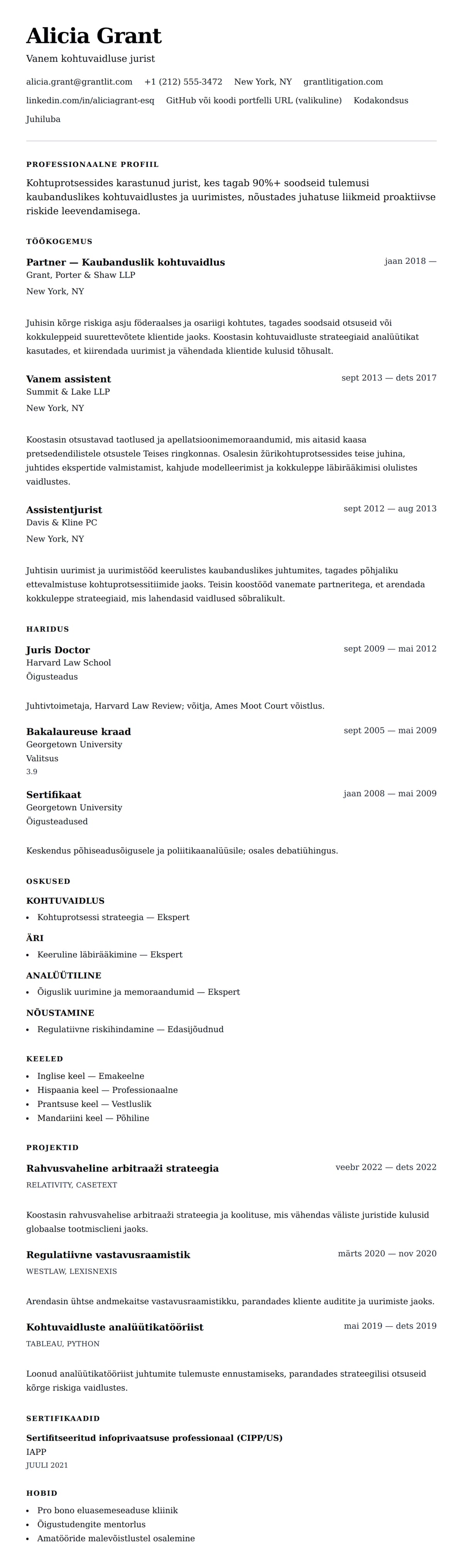 CV eelvaade Advokaadi CV näidis jaoks