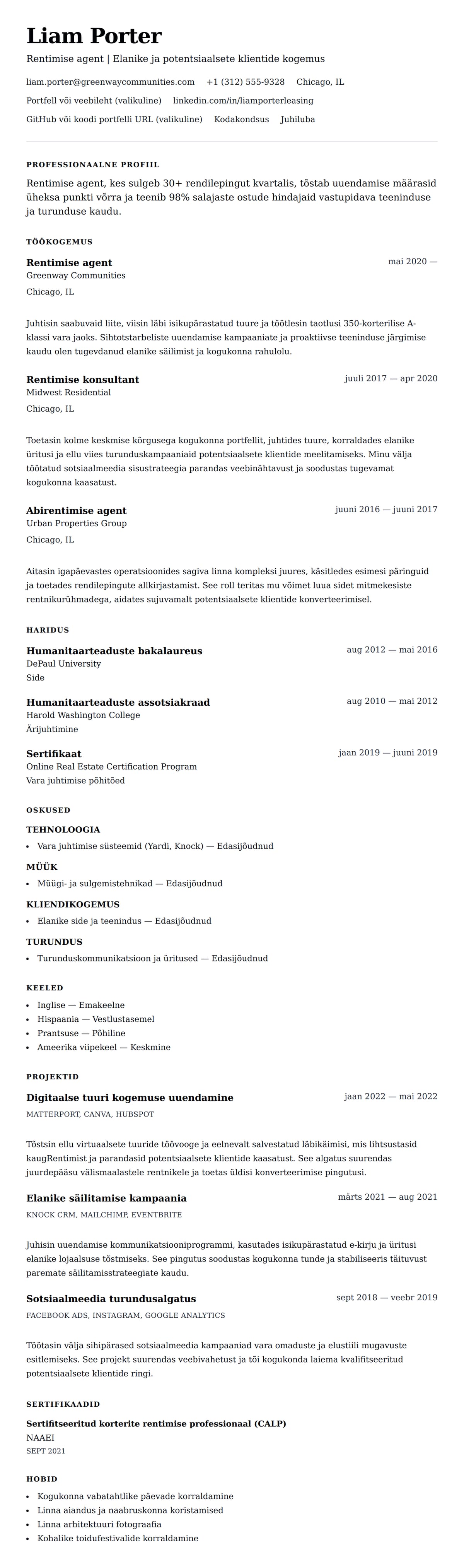 CV eelvaade Rentimise agendi CV näide jaoks