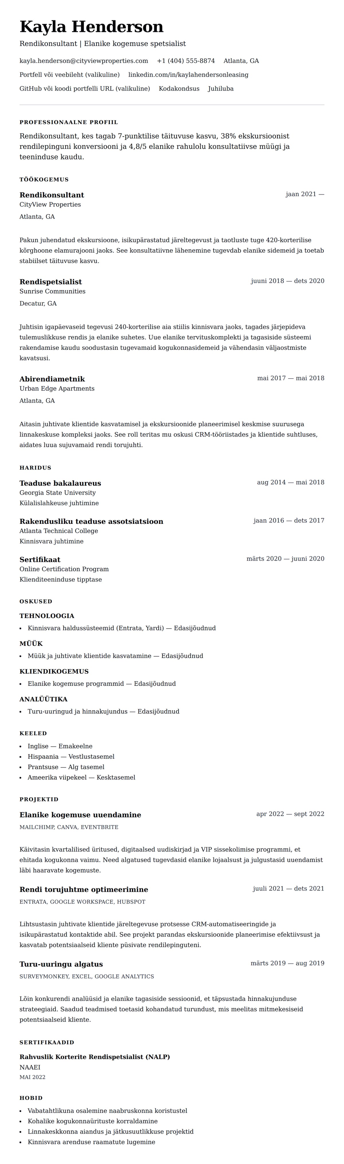 CV eelvaade Rendikonsultandi CV näidis jaoks