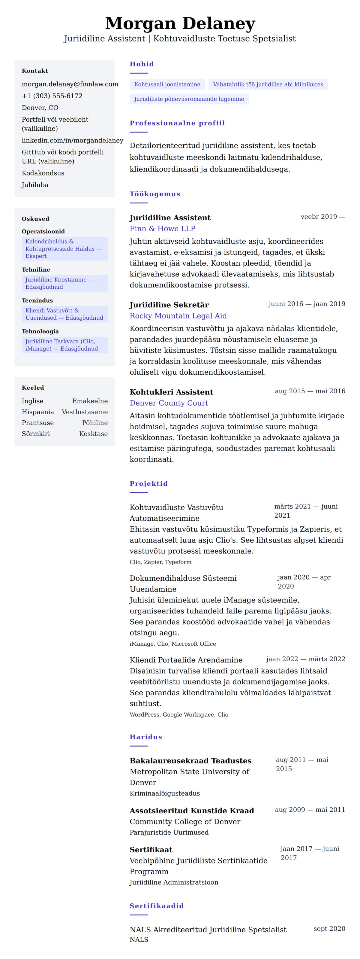 CV eelvaade Juriidilise Assistendi CV Näidis jaoks