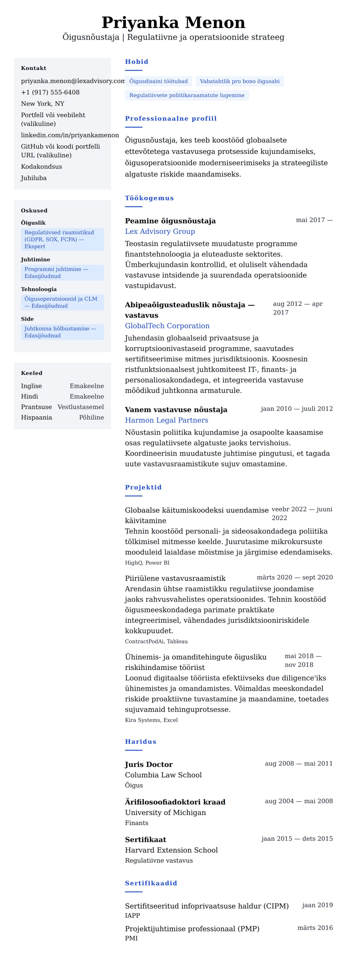 CV eelvaade Õigusnõustaja CV näidis jaoks